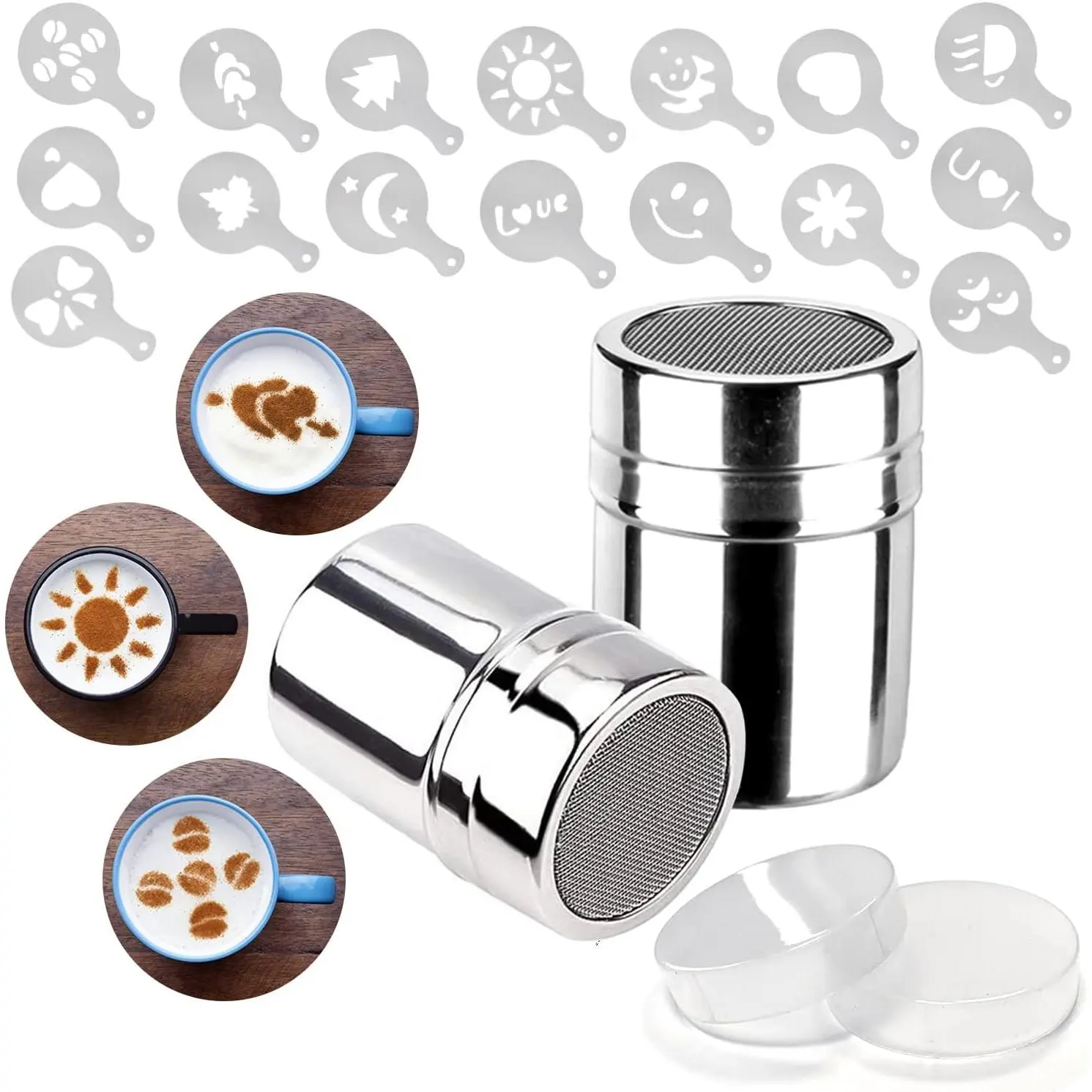2 Pack  Shaker Powdered Sugar Shaker Duster 16 Coffee templates Set for Cream,Powdered Sugar,Cocoa,Cappuccino,for Kitchen,Drinks,Baking (18)