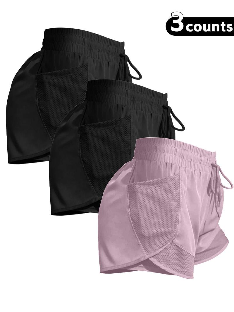 Women's Plain Pocket Drawstring Waist Sports Shorts, Gym Shorts, Sporty Quick-drying 2 in 1 Wrap Shorts, Women's Sportswear for Running Workout, Outdoor Sports Shorts