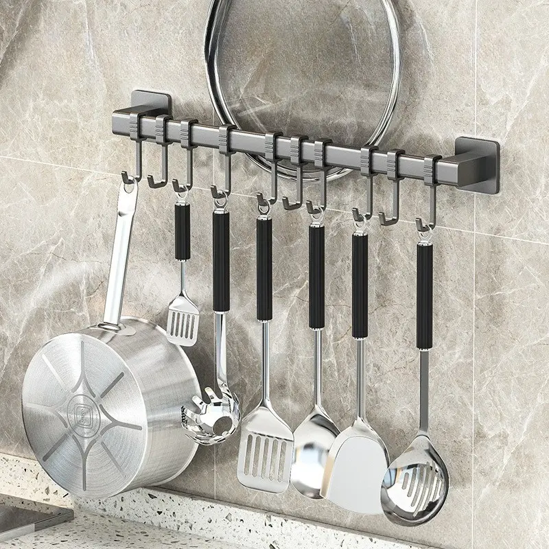 No Drill Carbon Steel Kitchen Hanging Rail With Adhesive Stickers & Movable Hooks, Wall Mount Utensil Storage Rack For Spatulas Spoons Knives