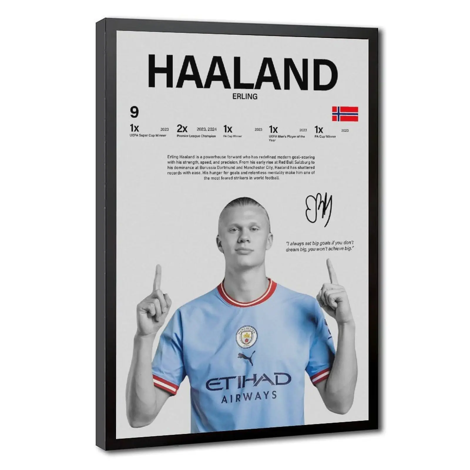 Haaland Framed Soccer Wall Decor Poster - Mid-Century Minimalist Artwork, Black Frame, Plexi Glass Clips, Hanging Photo for Kid Room & Dorm Room Home Decor Print