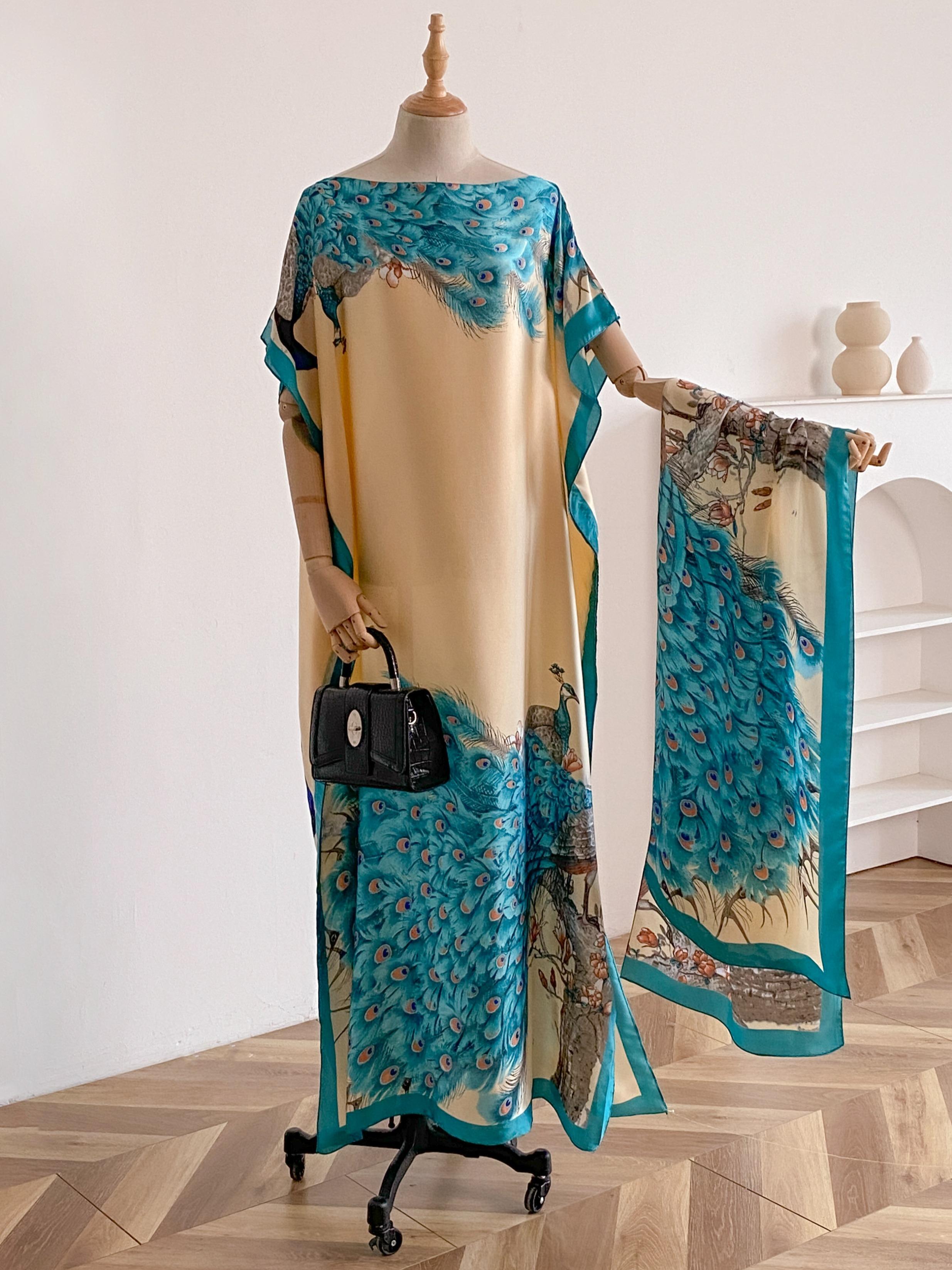 Women's Fashion Print Long Robe Set, Matching Moomoo Dress + Scarf Headband, Casual Woven Fabric, Thin All-Season Wear, Beach Sun Protection