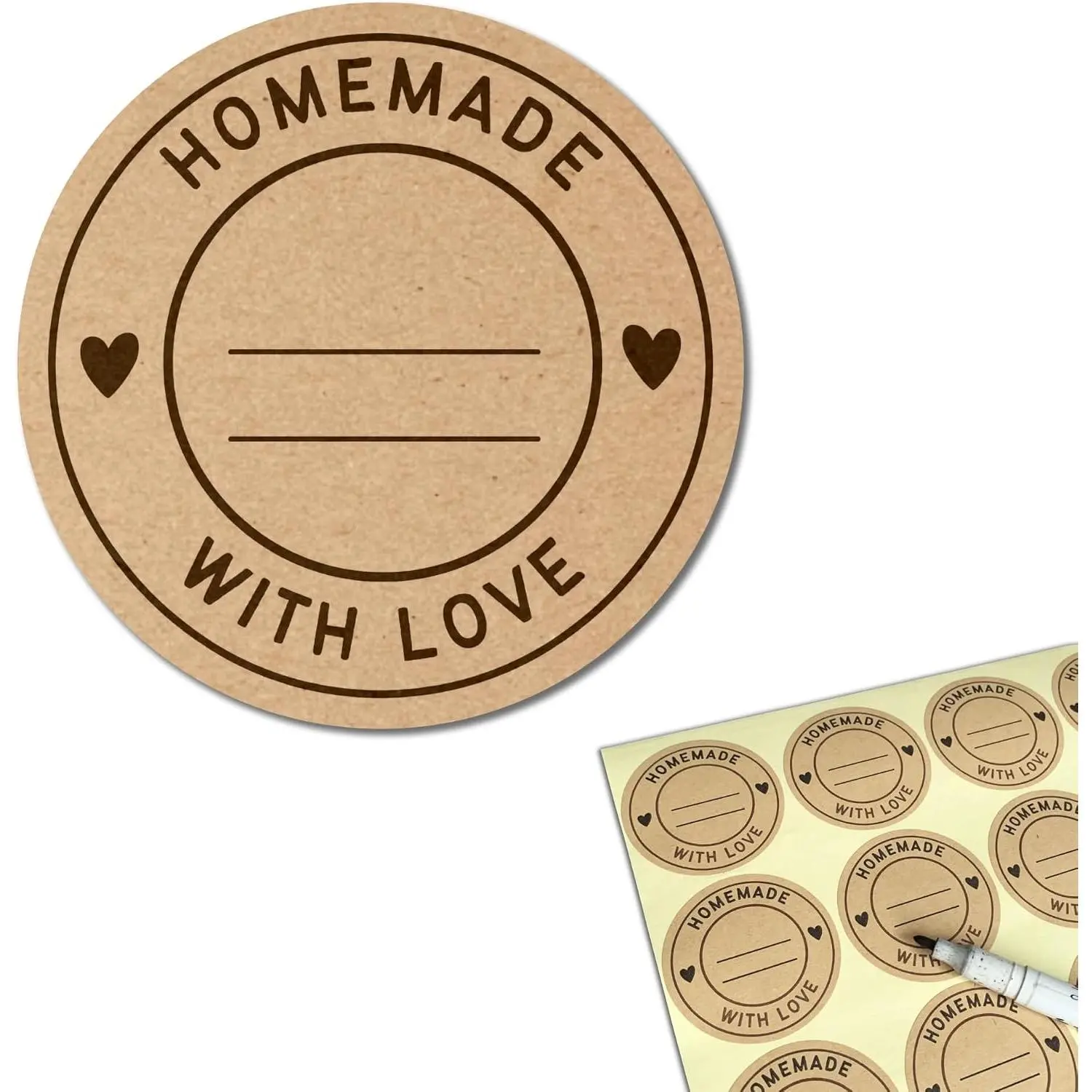 300 Pcs Homemade with Love Stickers - Brown Kraft Canning Jar Labels to Write On for Bakery, Baked Goods, 2 Inch