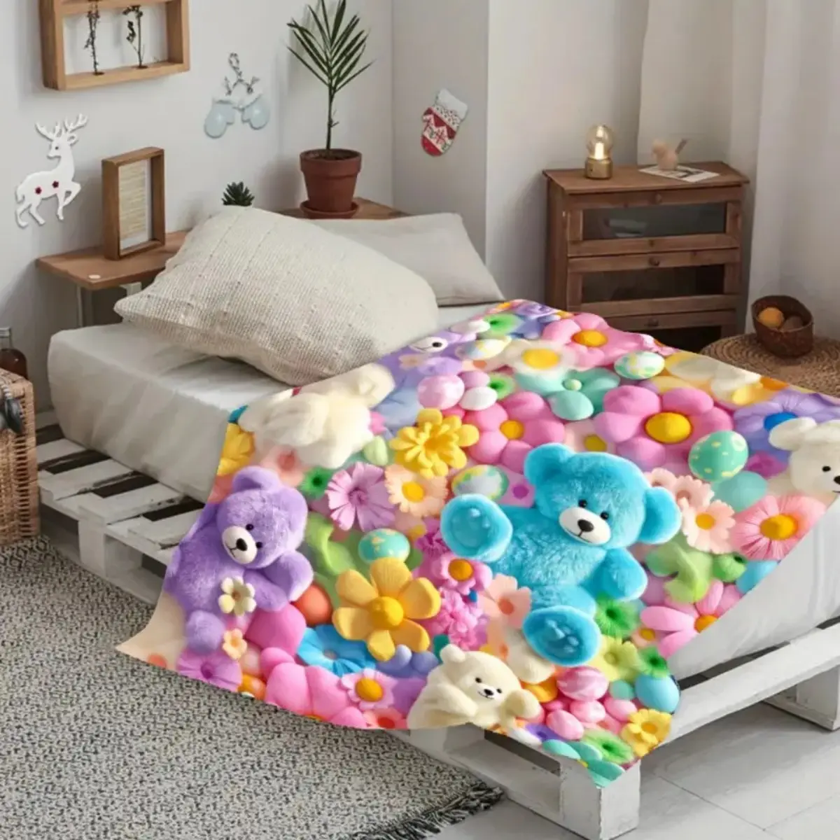 Kawaii Teddy Bear Floral Flannel Blanket, 3D Pastel Flower Throw, Super Soft Cozy Plush Blanket, Kids Bedroom Decor Gift