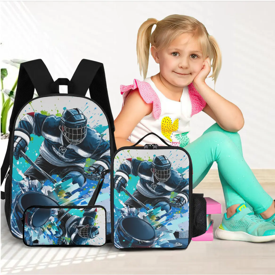 3 sets of ice hockey backpacks, backpacks for boys and girls, lunch bags, pencil cases, back to school gifts, baseball enthusiast backpack set