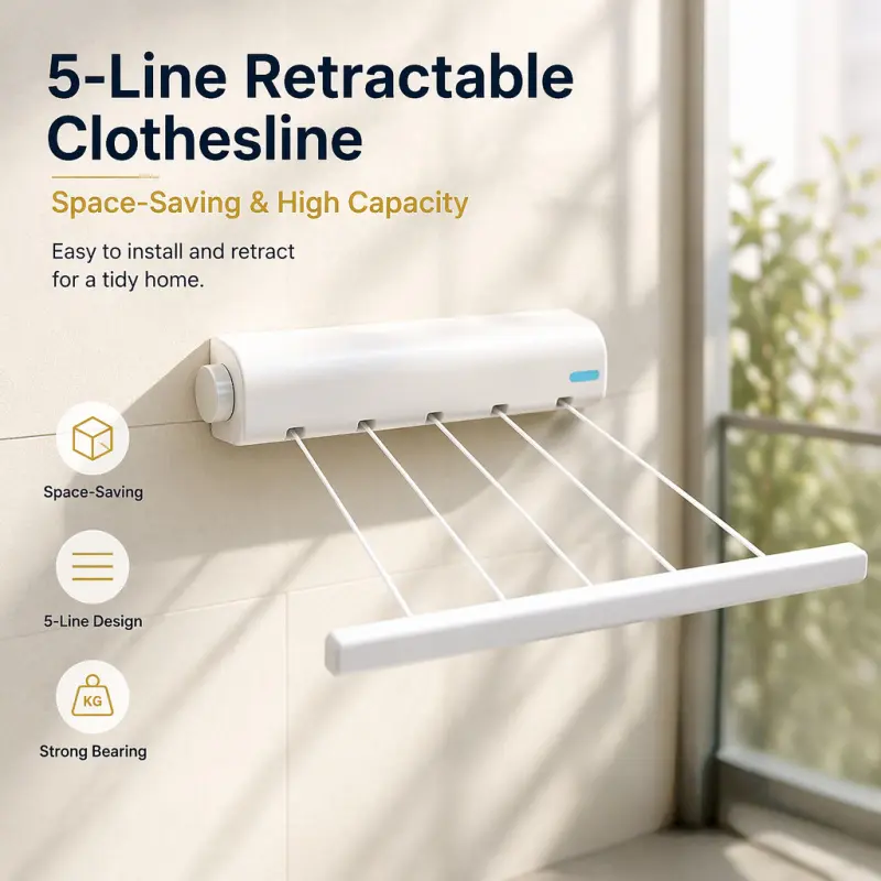 5-Line Retractable Clothesline, household invisible clothesline, ready to use when pulled out and hidden away when retracted. Maximize your drying space, perfect for balcony, bathroom and laundry room