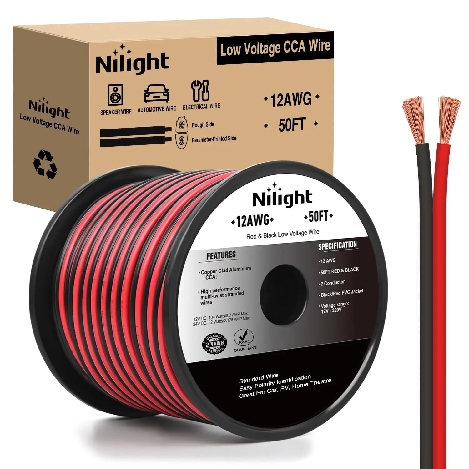 Nilight 50FT 12AWG Gauge CCA Copper Clad Aluminum Speaker Cable, 12/2 Red & Black Parallel 2-Conductor Flexible Cord for 12V/24V DC Power Run in Car Audio Systems