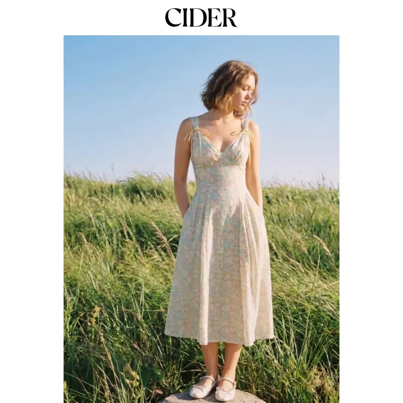 Cider Floral V-neck Bowknot Lace Trim Milkmaid Maxi Dress