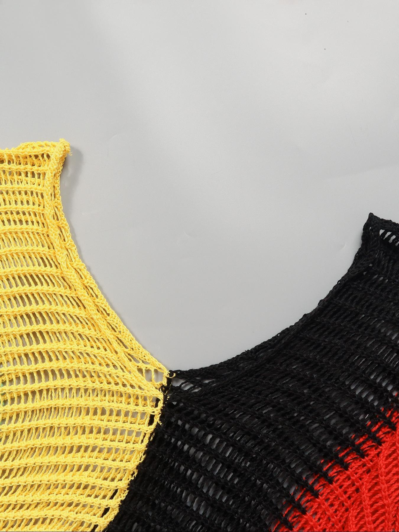 Plus Size Women's Striped Print Fringe Trim Hollow Out Split Thigh Sweater Dress, Plus Batwing Sleeve V Neck Cover Up Long Knitting Dress Swimsuit Cover Up Beach Cover Ups