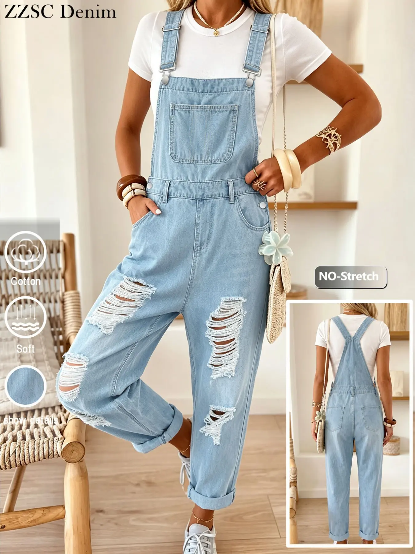 Light Blue Washed Ripped Denim Bib Pants Overalls, Adjustable Straps, Non-Elastic Harem Style, Breathable and Comfortable, Long Pants for Women