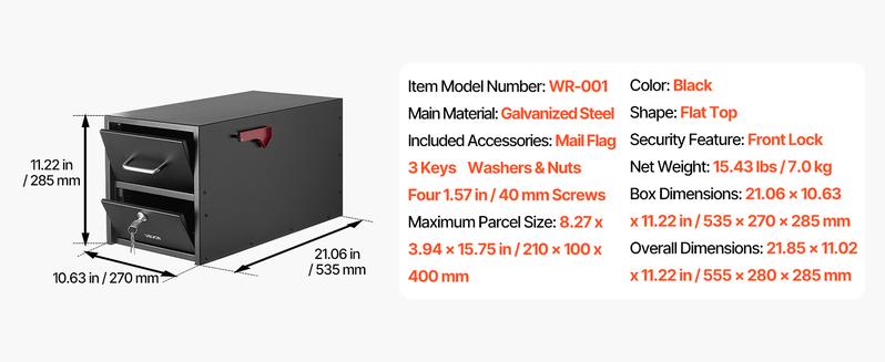 VEVOR Post Mount Mailbox, Anti-Pry & Anti-Theft Mailboxes for Outside, Heavy Duty Lockable Mail Box with Magnetic Door, Weather-Resistant Metal Post Box for House Outside 21.06 x 10.63 x 11.22 in