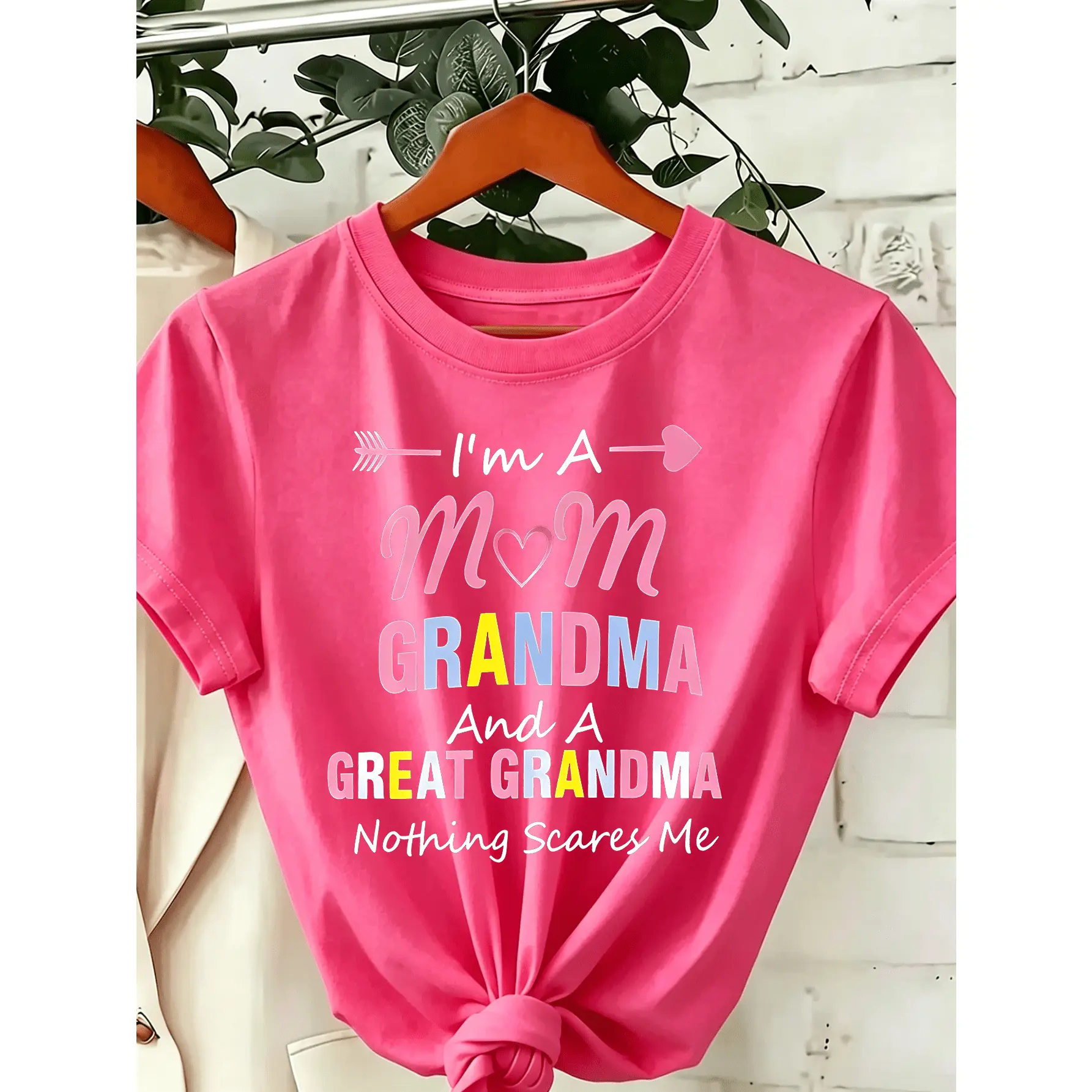 Plus Size Women's Knitted Cotton Fabric Short-Sleeve Crew Neck Relaxed Fit T-Shirt - "I'm A Mom, Grandma, Great Grandma" Print Top, 1-Piece Daily Casual Sportswear & Birthday Gift, Shortsleeve, Round Neck, Soft, Tee, Tshirt