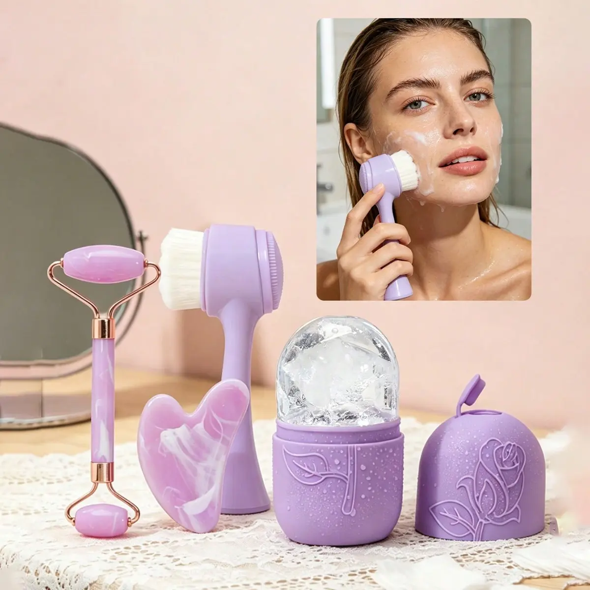 Facial Beauty Care Set, 4/8/10 Pcs Facial Massage Tools, Ice Gua Sha Mold, Face Brush, Powder Puff, Hairband, Bath Cap, Gift for Women
