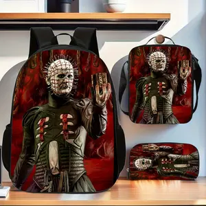 Ghost-Killing Needle Ghost King dark red textured three-piece school bag set, including a backpack, insulated lunch bag, and stationery storage bag, for daily use by teenagers