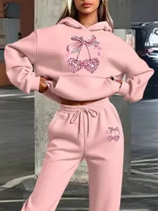 Women's Diamond Cherry Bow Print Hoodie Sweatpants Set, Fall Winter Sweet Style, All-Season Comfort