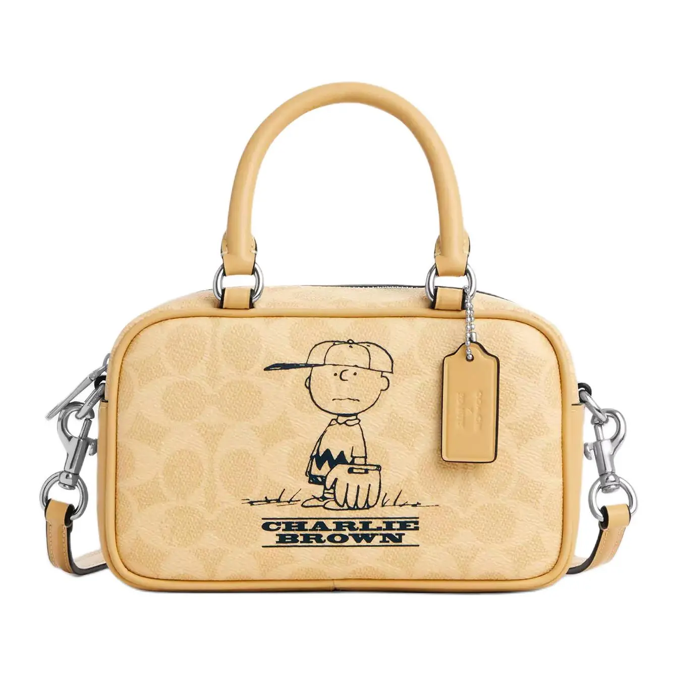 COACH x PEANUTS Charlie 19 Crossbody Handbag for Women – Metallic Accents, Coated Canvas, Silver and Hay Multicolor