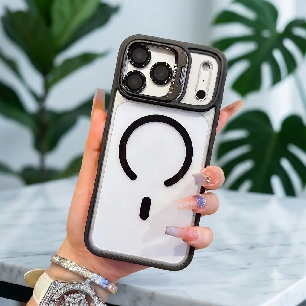 Suitable for iPhone17 16 15 14 13 12 Max Plus Pro Magnetic Mobile Phone Case with MagSafe Camera Ring Holder, Military-Grade Protection, Anti-Fall, Non-Yellowing, Wireless Casing Protector Cover, Black Silicone