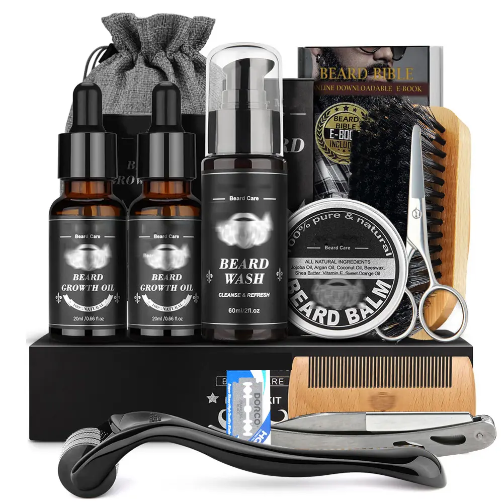 Beard Growth Kit, Beard Microneedle Roller, Razor, Beard Balm, Double-Sided Comb, Beard Cream, Scissors, Brush