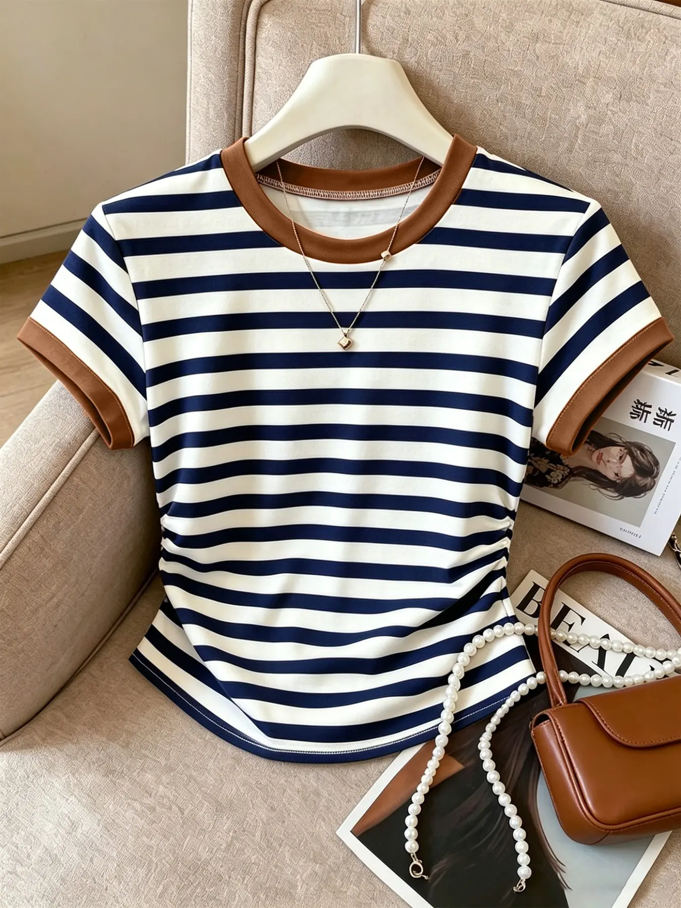 Women's Striped Round Neck Short Sleeve T-Shirt, Casual Stylish Tee, Perfect for Back-To-School Season and Teacher's Day, Comfortable and Stylish Top