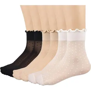 12 Pairs Women's Sheer Ruffle Socks Nude Stocking Summer Ultra Thin Cool See Through Silk Ankle Socks for WomenGift.