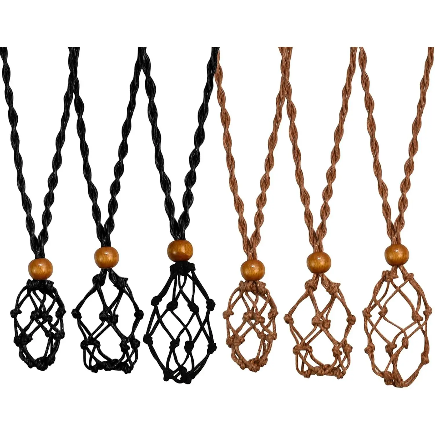 D20 Stone Cage Necklace Cord, Adjustable, 6-Pack | Hand-Braided Wax Cord, Sliding Knot, Fits Tumbled Stones & Quartz up to 20mm, DIY , Black & Brown