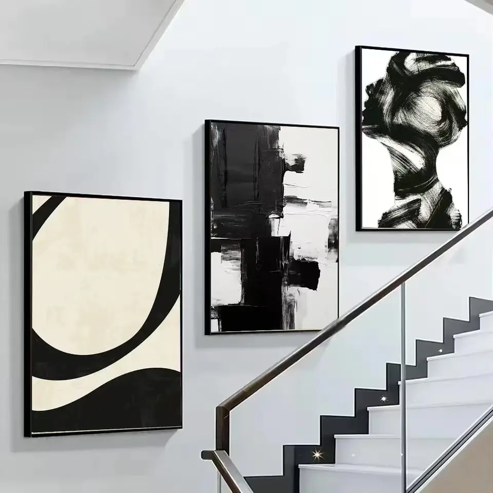 3pcs Abstract Black and White Minimalist Texture Canvas Hanging Poster Modern Art Living Room Bedroom Home Background Wall Frameless Decoration Painting Core