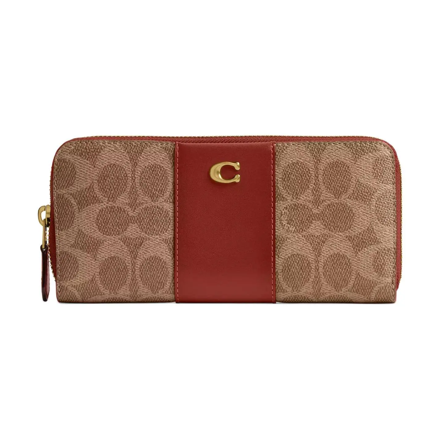 COACH Essential 20 Zip Wallet – Coated Canvas and Calfskin, Unisex, Minimalist Style, Brass and Tan