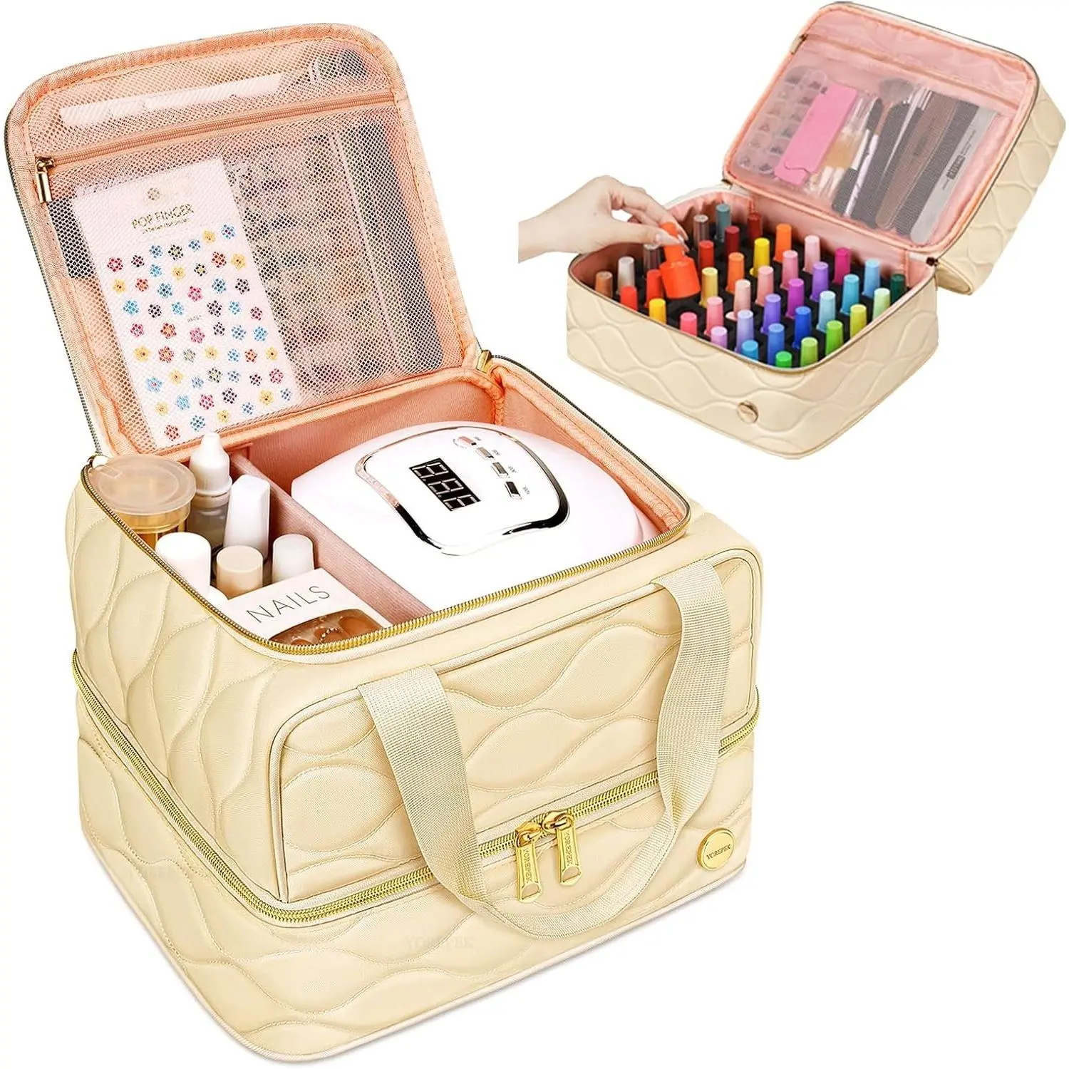 Nail Polish Organizer Case Holds 42+ Bottles (15ml/0.5 fl.oz), 2-Layer Nail Kit Bag with Compartments for Nail Supplies, UV Lamp, Nail Tech Organizers and Storage for Manicure Tools, Beige