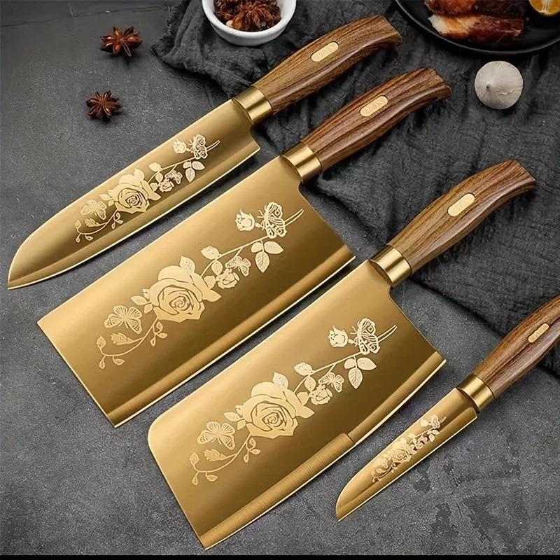 Rose Pattern Kitchen Knife Set, 4 Counts/set Stainless Steel Cooking Chef Knife, Sharp Professional Kitchen Tools for Home Dining Room Barbecue