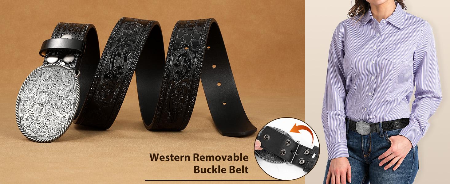 SUNDAY MIRTH Western Leather Buckle Belt for Men Women Cowboy Cowgirl Mens Leather Belt for Jeans