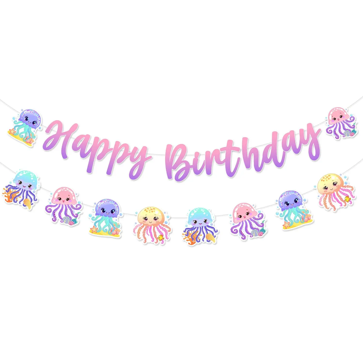 1Set Pre-Strung Jellyfish Happy Birthday Banner Garland, Cute Festive Backdrops & Banners for Ocean-Themed Party, Baby Shower Decorations (Home & Festive Party Supplies), Kids' Parties