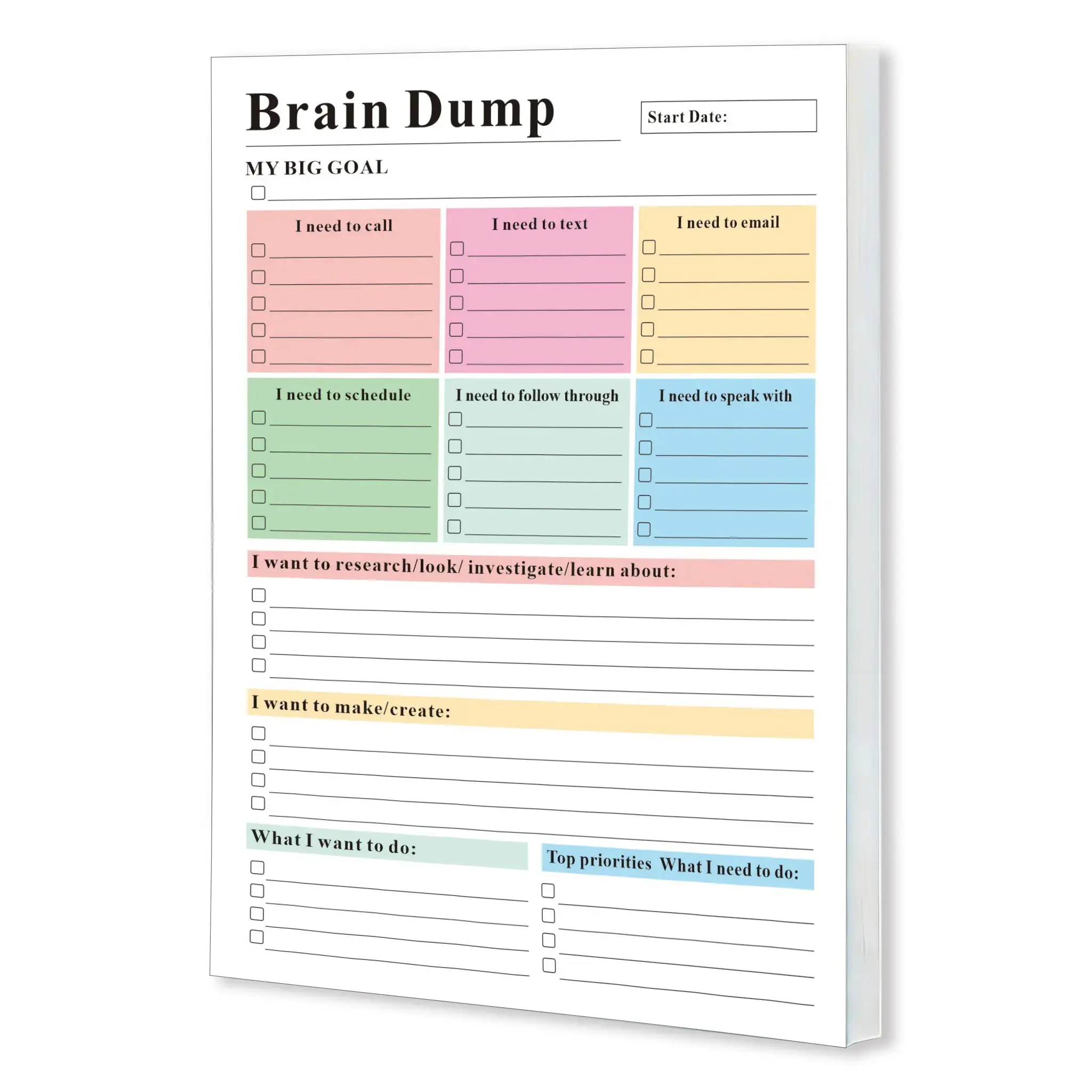 Adhd Brain Dump Planner Notepad, 50 Tear-Off Sheets, Multiple Color Sections, Idea Organization, Gift, Self-Improvement Tool