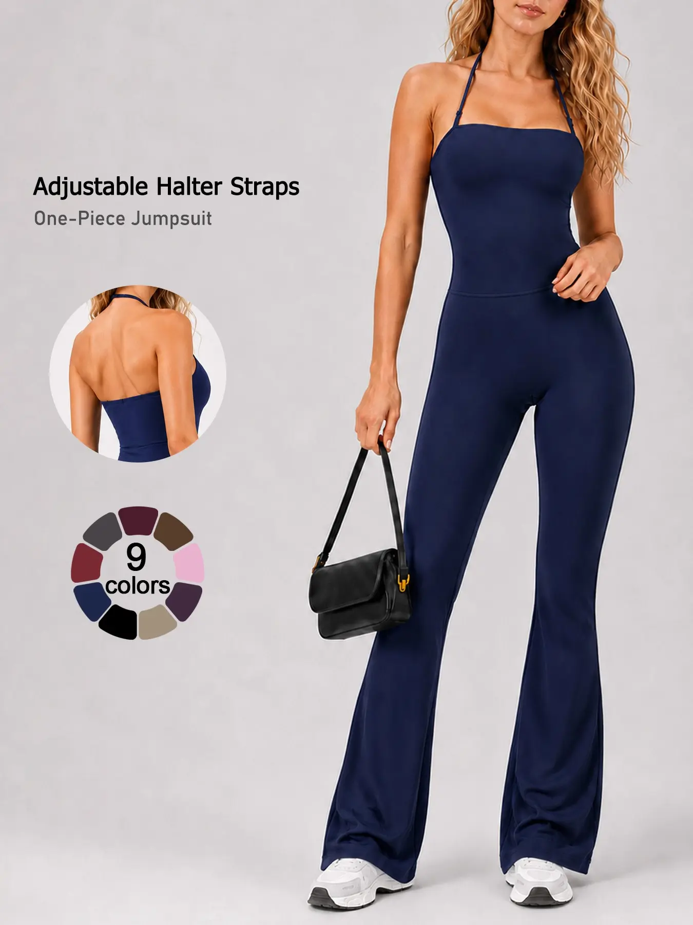 Women's Halter Neck Sleeveless Yoga Bodysuit Soft Nylon-Spandex Blend Stretchy Jumpsuit Flare Leg One-Piece Activewear for Daily Wear Outdoor Training & Fitness All Season High Waisted Jumpsuits