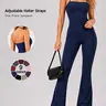 Women's Halter Neck Sleeveless Yoga Bodysuit Soft Nylon-Spandex Blend Flare Leg One-Piece Activewear for Daily Wear Outdoor Training & Fitness All Season