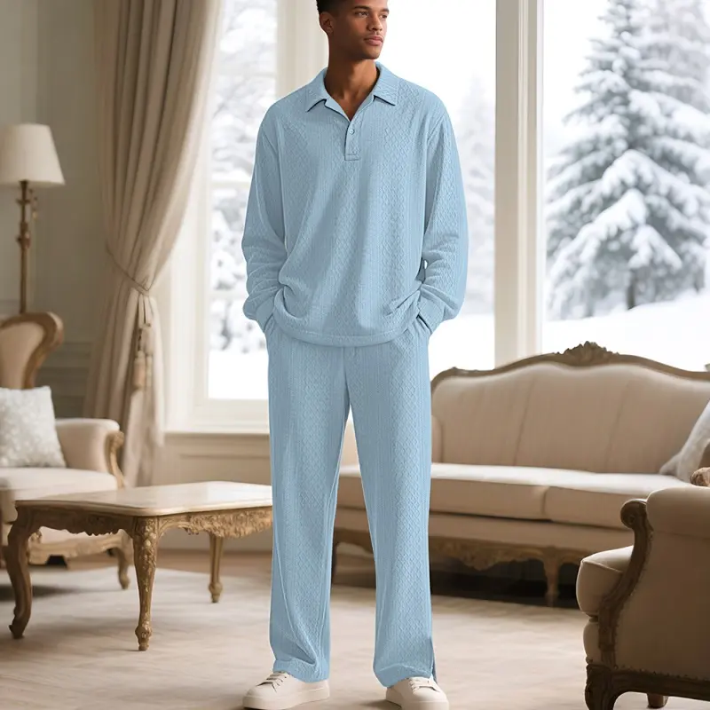 Men’s Solid Color Jacquard Polo Two Piece Set, Textured Long Sleeve Pullover Polo Shirt and Casual Pants Matching Outfit, Lightweight Breathable Athletic Tracksuit, Stylish Streetwear Set for Fall, Winter and Everyday Wear