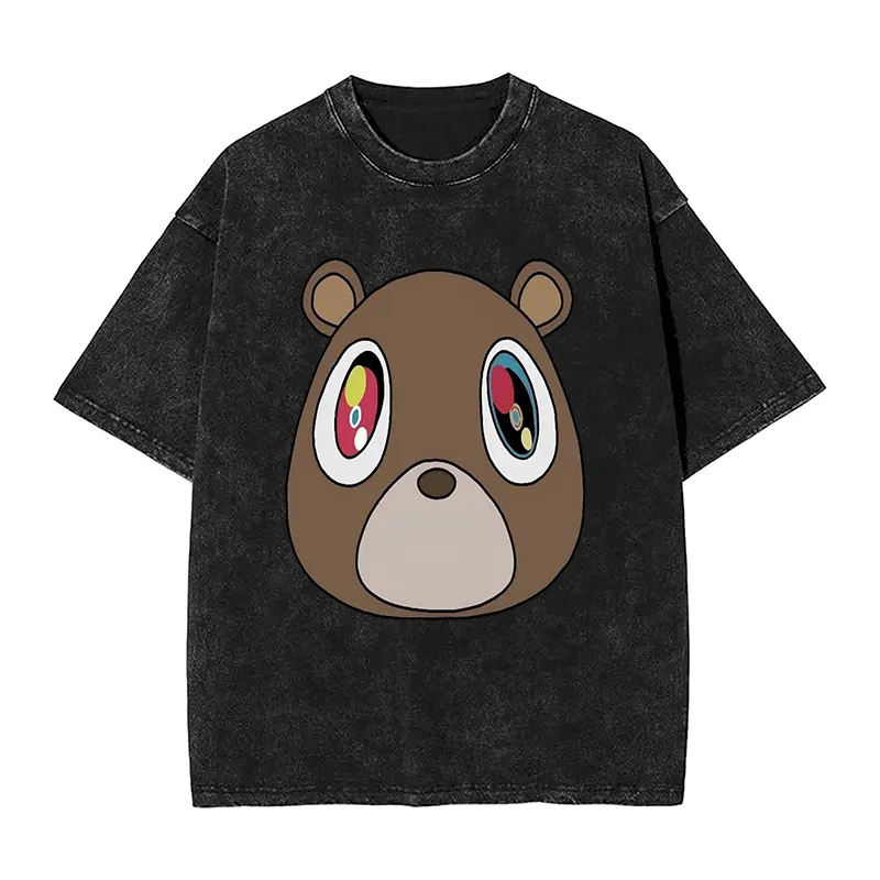 Men's Vintage Washed Graduation Bear T-Shirt - Big Colorful Eyes, Minimal Cartoon Head Graphic, Loose Cotton Shortsleeve Streetwear Top, Unisex Hip Hop Casual Tee