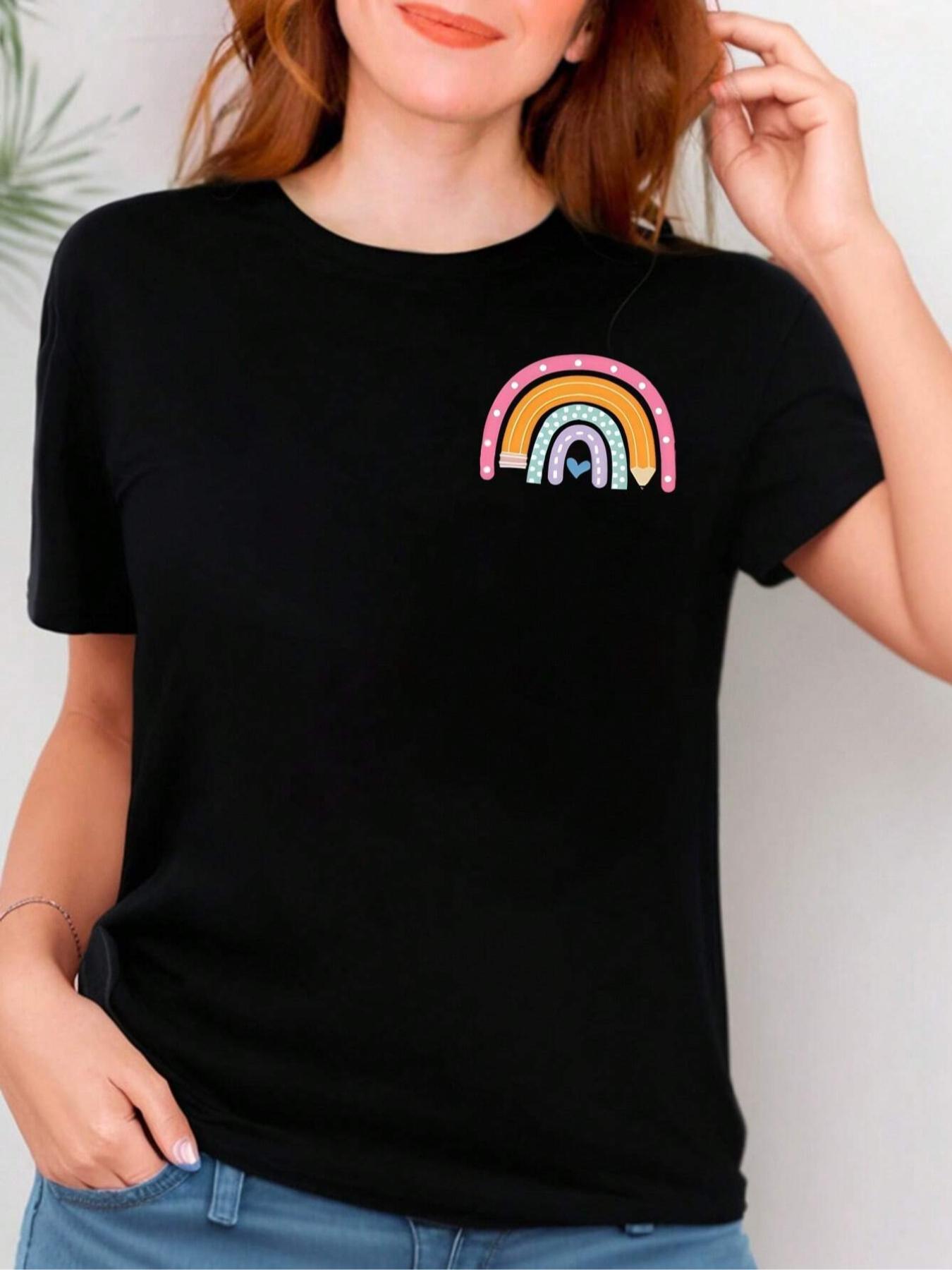 Women's Rainbow & Letter & Floral Print Round Neck Graphic Tee, T Shirts for Women, Vintage Trendy Boho Casual Summer Streetwear Short Sleeve T-shirt for Daily Wear, Ladies Summer Outfit Womenswear Apparel T Shirt Women's Rainbow & Letter & Floral Print Round Neck Graphic Tee, T Shirts for Women, Vintage Trendy Boho Casual Summer Streetwear Short Sleeve T-shirt for Daily Wear, Ladies Summer Outfit Womenswear Apparel T Shirt