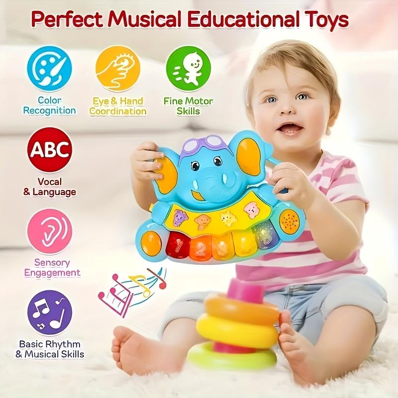 Interactive elephant musical toy, an educational piano with lights and sound effects for toddlers, safe touch play, helps children learn colors, the alphabet, and develop sensory skills.A Christmas and birthday gift (random colors, batteries not included