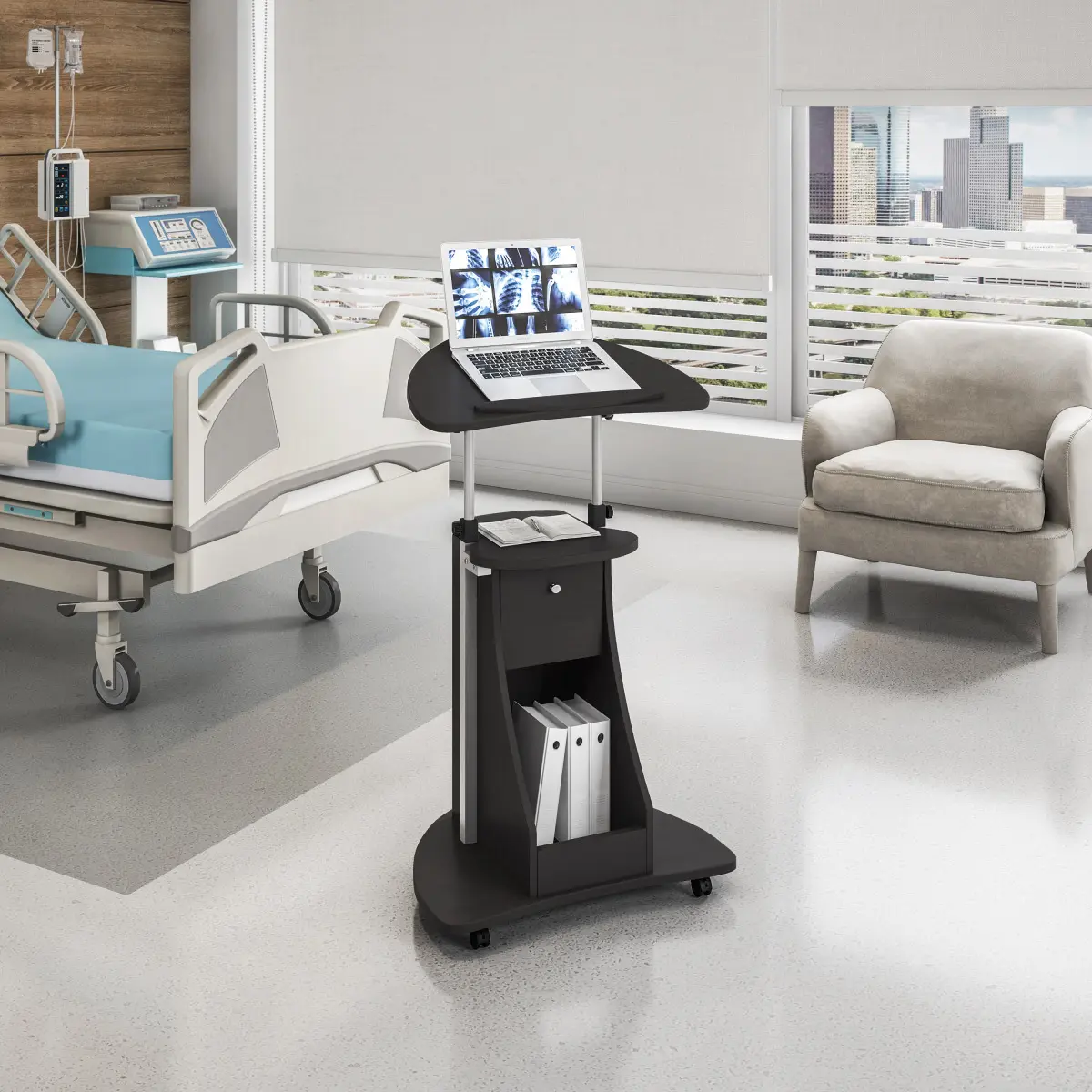 Adjustable Sit-to-Stand Rolling Laptop Cart with Tilt Top and Storage, Black