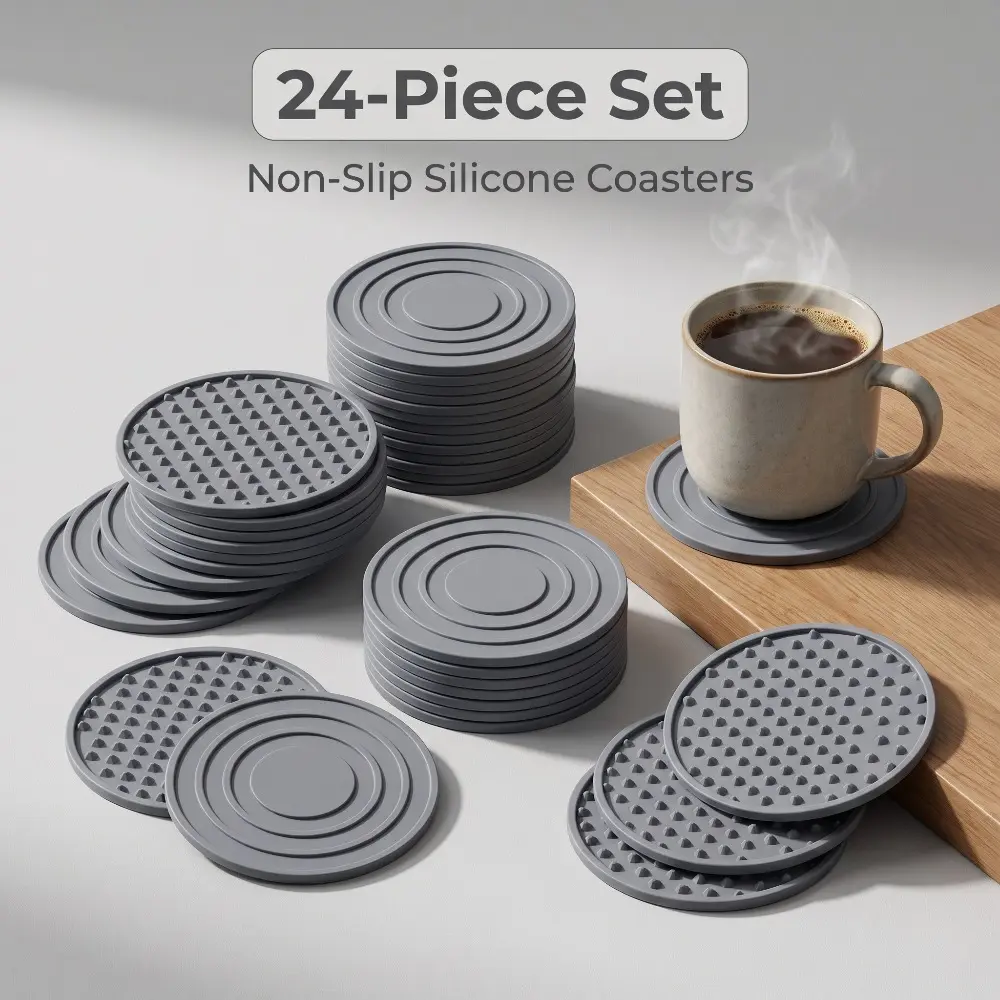 24 PCS Round Silicone Coasters, Raised Five-Pointed Star Dot Anti Slip Cup Mats, Reusable Washable Beverage Coaster Set, Multipurpose Table Counter Bar Protector Pads for Mugs Cups Drinks Home Kitchen Coffee Bar Decor