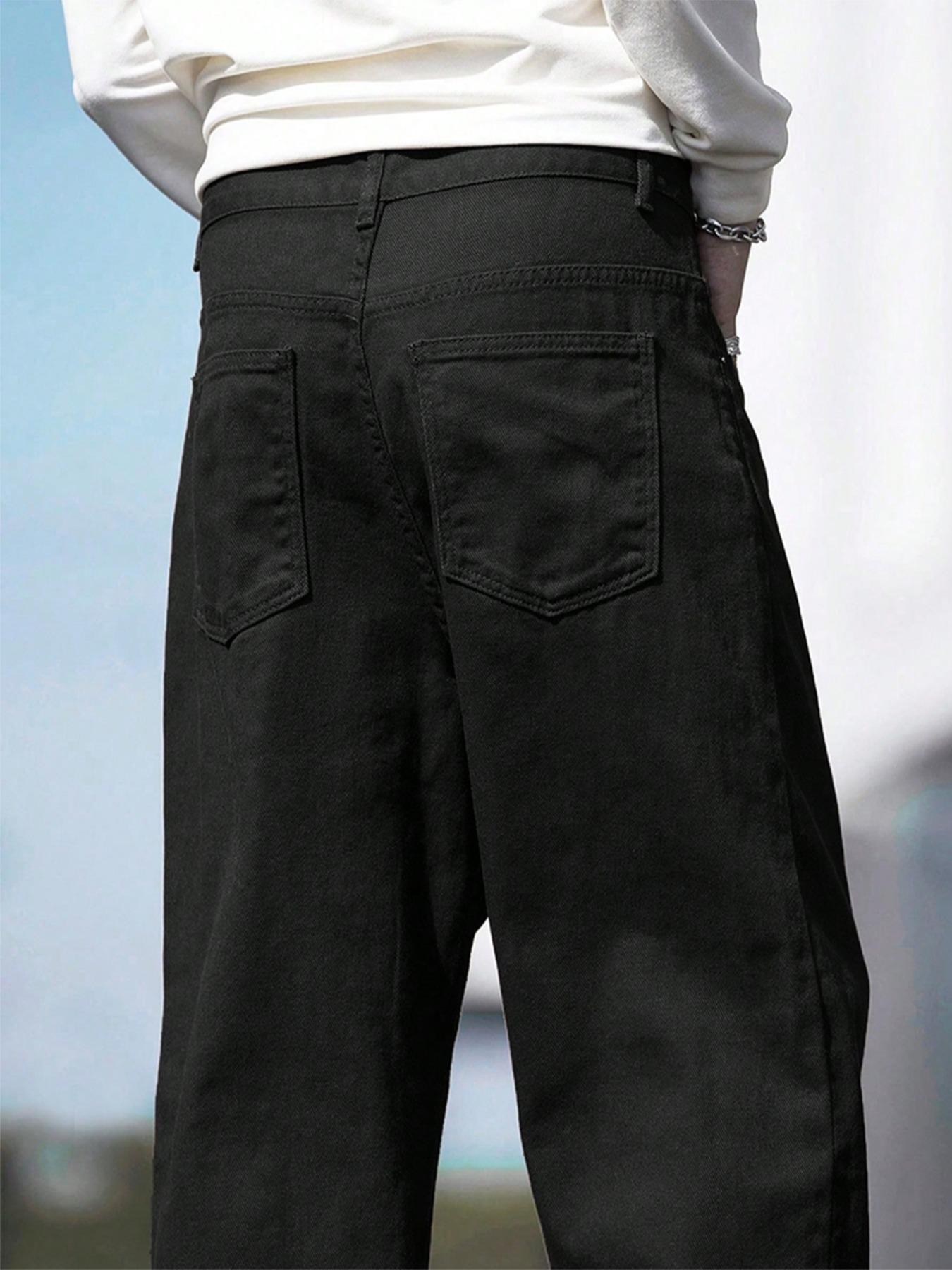 Men's Solid Wide-Leg Non Distressed Jeans - Loose Street Style, Comfort Fit, Everyday Casual Wear