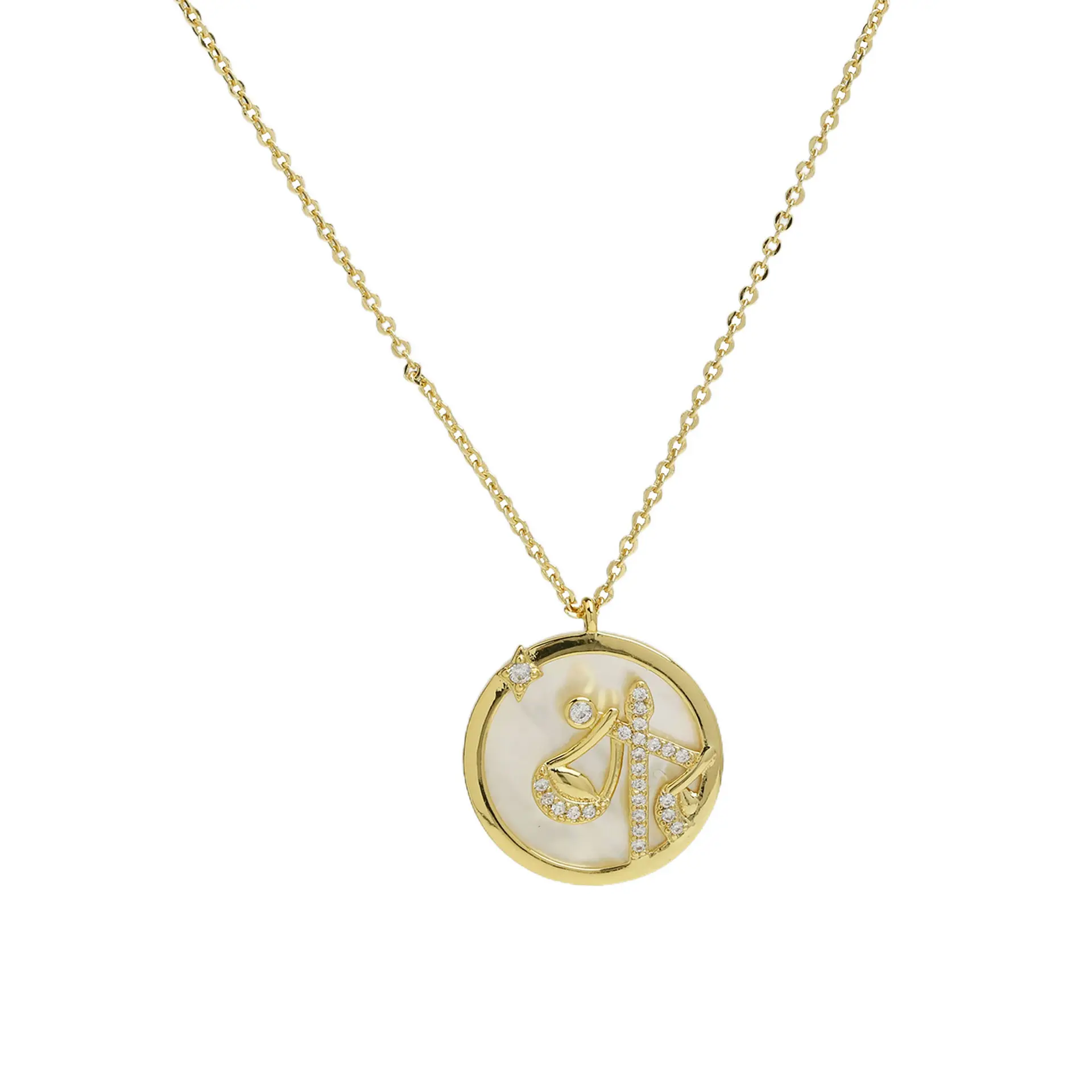 12 Zodiac Mother of Pearl Coin Pendant Necklace | 18K Gold Plated Brass Astrology Jewelry for Women, Women's Fashion