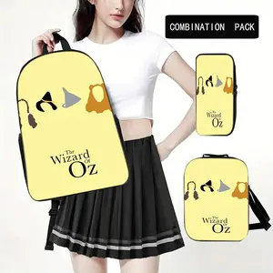 The Wizard of Oz minimalist icon design in goose yellow solid color three-piece school bag set, including a backpack, insulated lunch bag, and stationery storage bag, suitable for daily use by teenagers