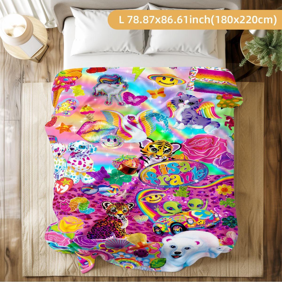 Lisa Frank Collage Themed Blanket, Vibrant & Playful Style, Features Colorful Characters, Soft and Warm, Perfect for Home Relaxation, Flannel Blankets
