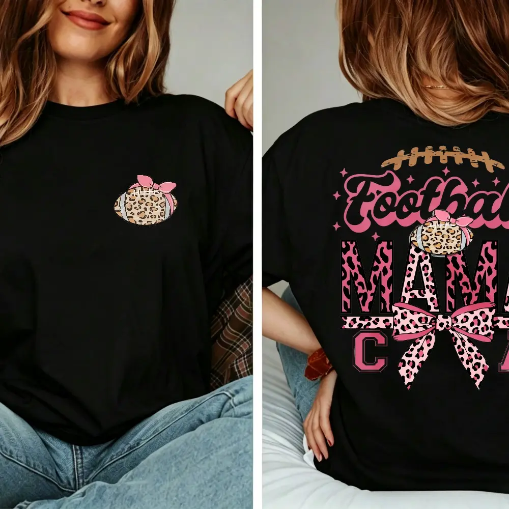 Cute Leopard Football Mama Double-sided T-Shirt, Pink Bow Leopard Football Graphic Casual Women Tee, Trendy Game Day Mom Shirt, Stylish Sports Mama Daily Outfit
