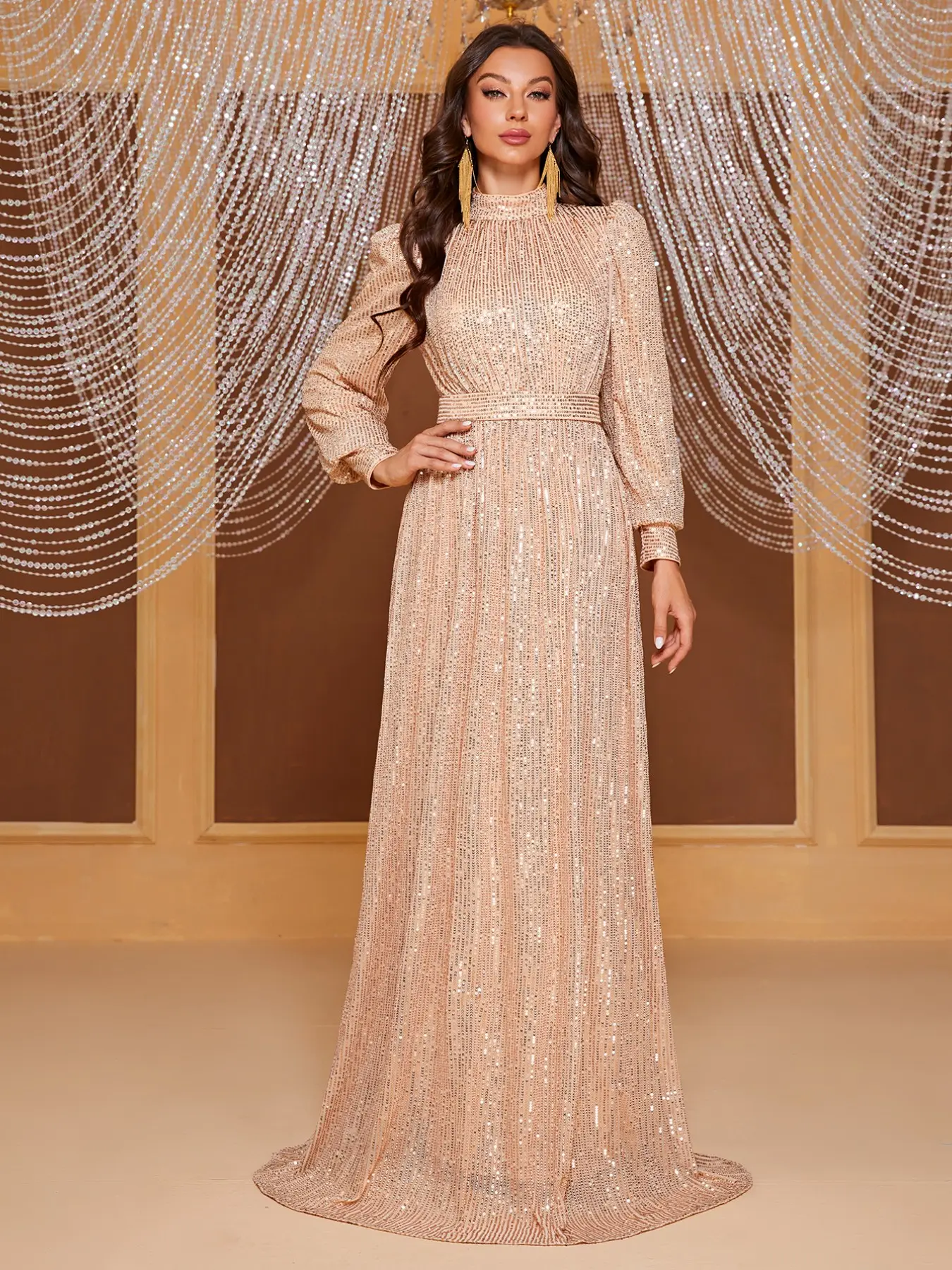 Women's Solid Color Sequin Long Sleeve Stand Collar Maxi Evening Gown Dress, Elegant Party Wear, Formal Event Attire, Glamorous Night Out Clothing, Evening Party Dresses