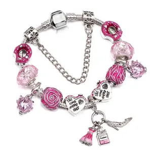 New Pink Exquisite Women's Handmade Bracelet DIY Donut&Princess Skirt High Heels Crystal Heart Pendant