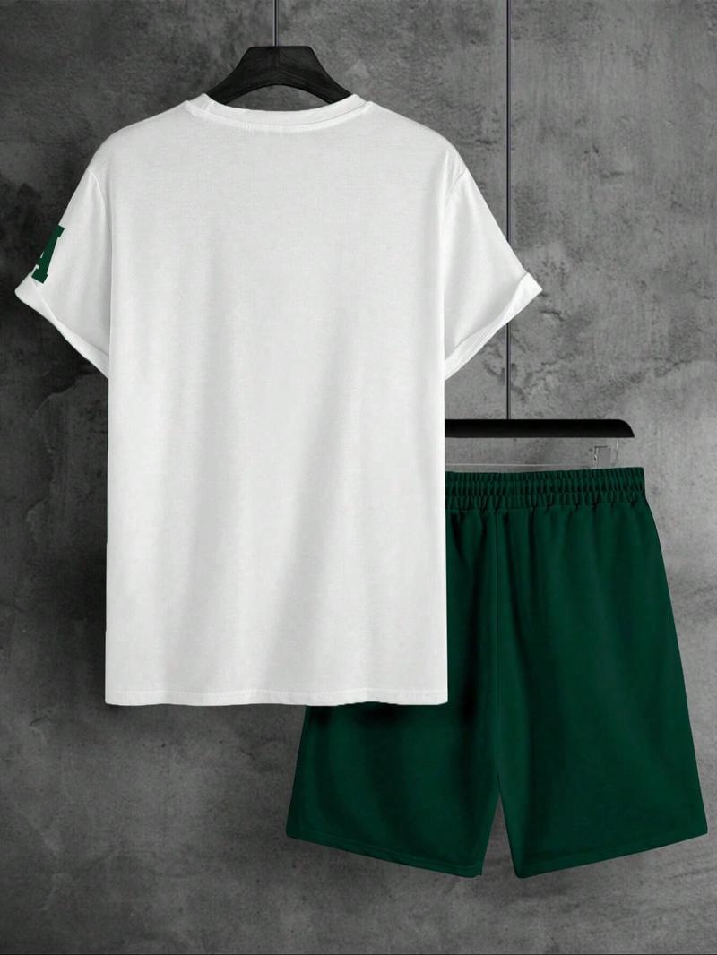 Two-Piece Set Men's Letter Print Short Sleeve Tee & Shorts Set, Regular Fit Casual Round Neck T-shirt & Track Shorts, Men's Summer Clothes