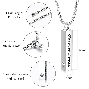 CASSIECA 2 Pcs Urn Necklace for Ashes for Men Women Keepsakes for Ashes Black Silver Stainless Steel Memorial Bar Pendant Necklaces for Ashes of Loved One Cremation Jewelry