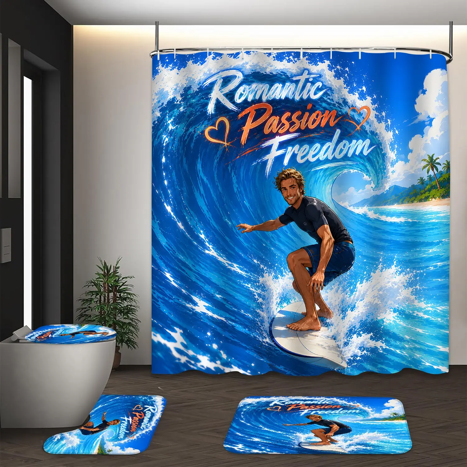 LVRLVR 4Pcs Surfer Man Giant Ocean Wave Tropical Coast Graffiti Letter Print Bright Blue Sport Tone Shower Curtain Set 70.8×70.8 Inch
