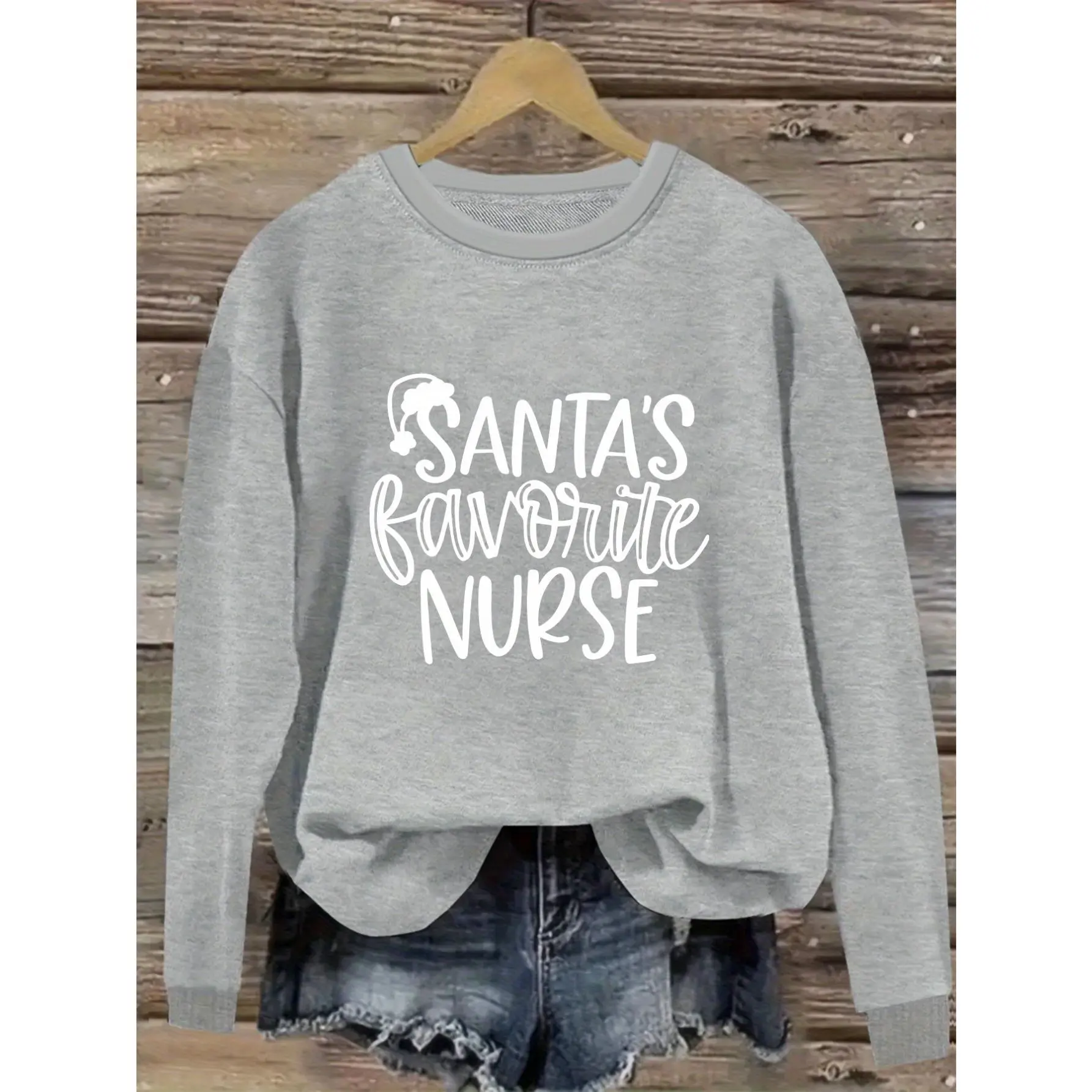 Christmas Pattern Print Santa's Favorite Nurse Leisure Round Neck Long Sleeve Hoodie - Daily Wear, Soft and Comfortable - Fashion Women's Clothing Sweatshirt